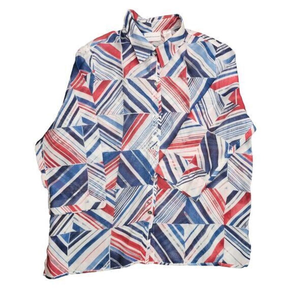 Alfred Dunner Blouse Womens 16 Geometric‎ 3/4 Sleeve Patriotic USA 4th Of July